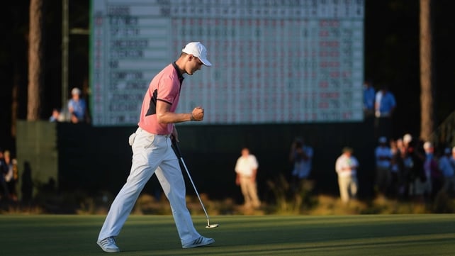 Martin Kaymer celebrates a birdie putt on the 18th during the third round of the US Open