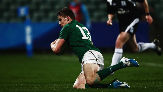 Garry Ringrose crosses the whitewash in Ireland's defeat to England in the semi-finals of the Junior World Championship