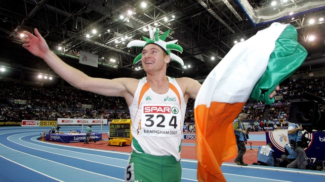 David Gillick celebrates after winning gold at the 2007 European Indoor Championships