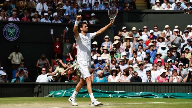 Grigor Dimitrov celebrates after beating Andy Murray