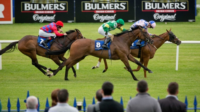 Robbie Downey on Flic Flac gets the better of Seamie Heffernan on Ramone and Conor Hoban on Reckless Lad