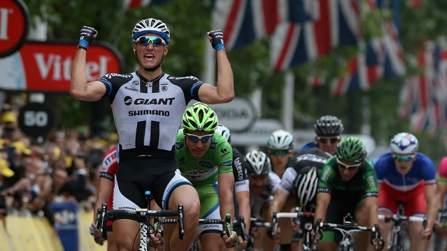 Marcel Kittel of Germany and Team Giant-Shimano celebrates as he wins in London