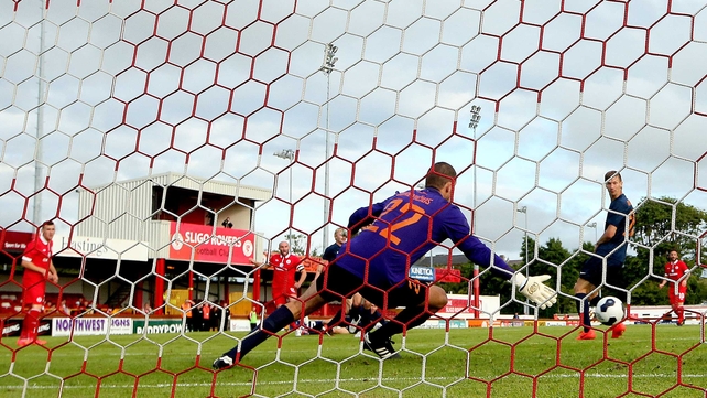 Alan Keane gives Sligo the lead at the Showgrounds