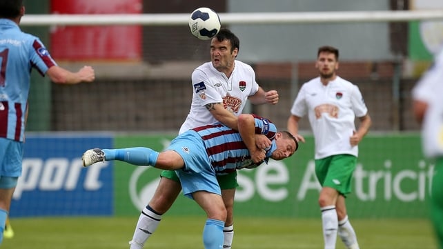 Drogheda's Gary O'Neill and Gavin Kavanagh of Cork City battle for possession at Hunky Dorys Park