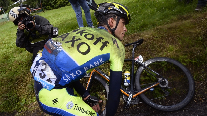 Alberto Contador broke his shin during a crash on the Tour de France