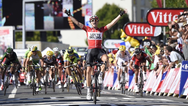 Tony Gallopin crosses the finish line as the peloton fails to chase him down