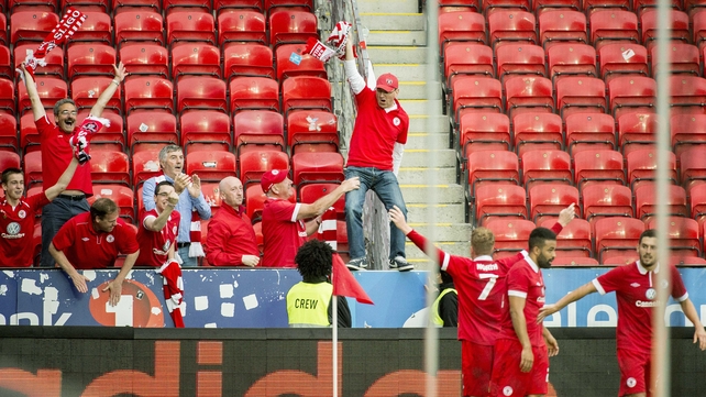 Danny North celebrates his goal in front of the travelling Sligo faithful