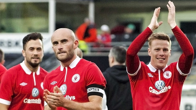 Sligo goalscorers Alan Keane and Danny North celebrate after the first leg