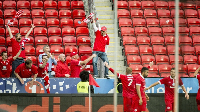 Danny North celebrates scoring Sligo's second goal with fans in the first leg - John Coleman suggested they would be taking the game to Rosenborg in the return fixture