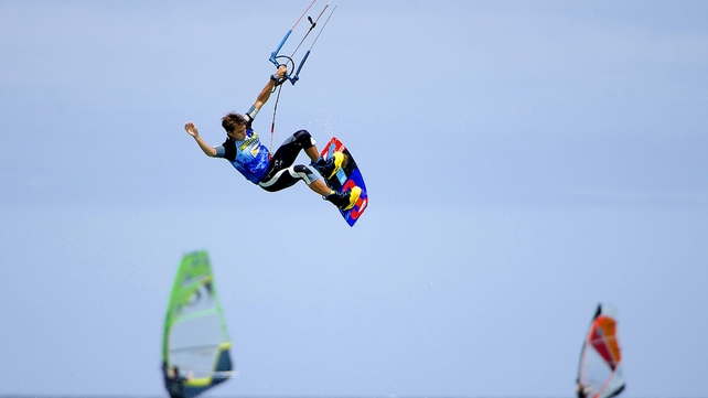 Russian kite surfer Artem Garashchenko in action during the Windsurfing and Kiteboarding World Championships in Fuerteventura