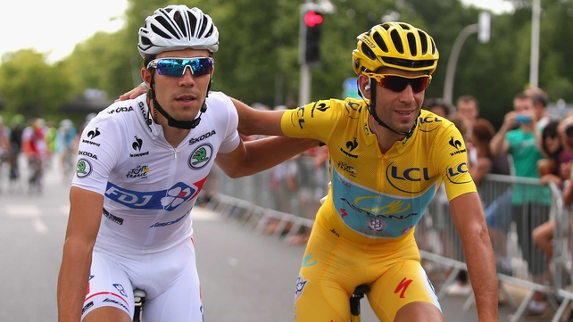 Vincenzo Nibali rides with Thibaut Pinot of France on the way to winning