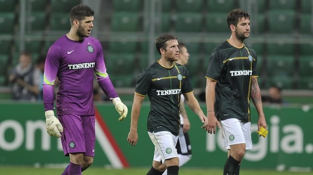 Dejected Celtic players Fraser Forster, Adam Matthews and Charlie Mulgrew leave the pitch in Warsaw Dejected Celtic players Fraser Forster, Adam Matthews and Charlie Mulgrew leave the pitch in Warsaw