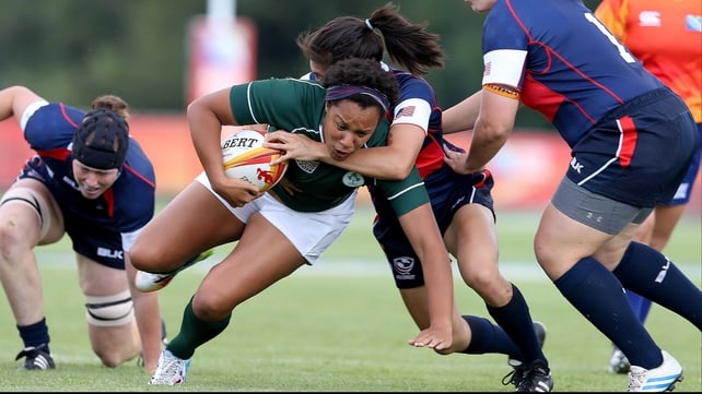 Ireland's Sophie Spence tackled by Jocelyn Tseng