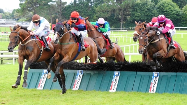 The visored Prince Rudi jumps the last at Ballybrit