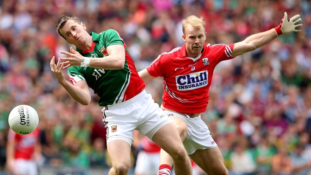 Mayo's Cillian O'Connor, pictured with Cork's Michael Shields, was criticised by the Cork management prior to yesterday's quarter-final