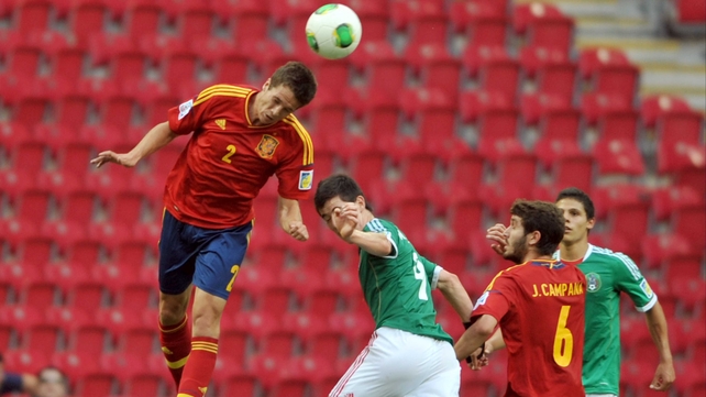 Javier Manquillo wins a header for Spain against Mexico during the U-20 World Cup in Istanbul last year