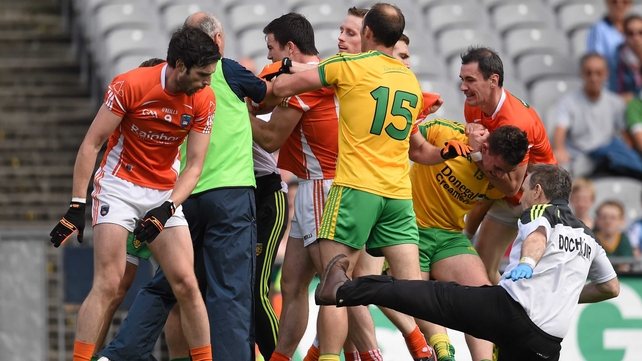 Armagh midfielder Aaron Findon shoved Donegal team doctor Kevin Moran to the ground during clashes at the start of the match