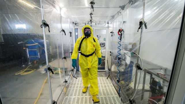 A Czech army member during a simulation in the Biological Defense Centre in the village of Techonin A Czech army member during a simulation in the Biological Defense Centre in the village of Techonin