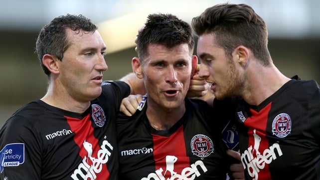 Bohemians' Dinny Corcoran celebrates scoring the first goal of the game with Jason Byrne and Eoin Wearen