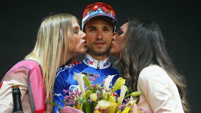 Nacer Bouhanni on the winner's podium after the second stage