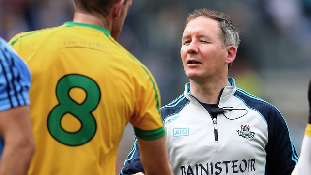 Dublin's manager Jim Gavin shakes hands with Neil Gallagher of Donegal after the game