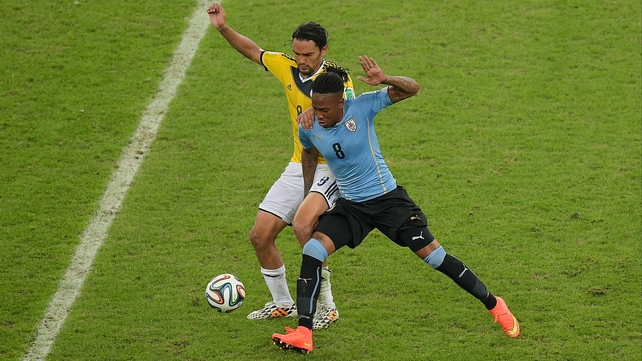 Uruguay striker Abel Hernandez in action against Colombia at the World Cup