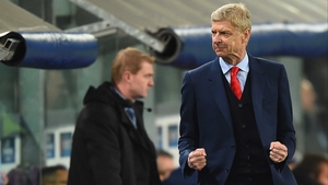 Arsenal boss Arsene Wenger celebrates a dramatic late turnaround at the Constant Vanden Stock Stadium Arsenal boss Arsene Wenger celebrates a dramatic late turnaround at the Constant Vanden Stock Stadium