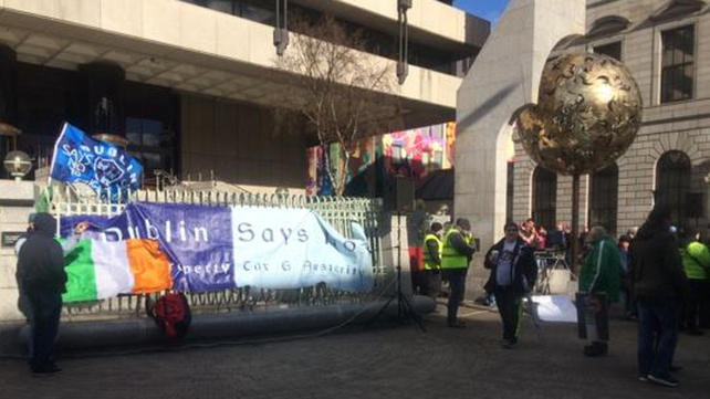 The protest is starting at the Central Bank on Dame Street