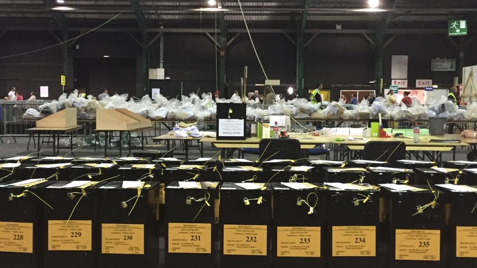 Ballot boxes lined ahead of being opened for the count in the same-sex marriage and presidential referendums