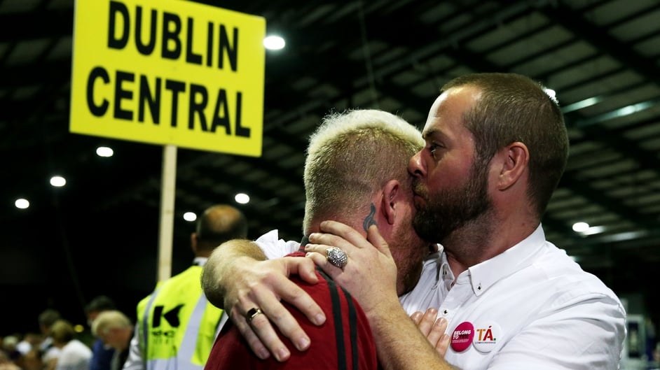 Jaime Nanci (left) and Michael Barron who were married in Cape Town five years ago at the RDS count in Dublin