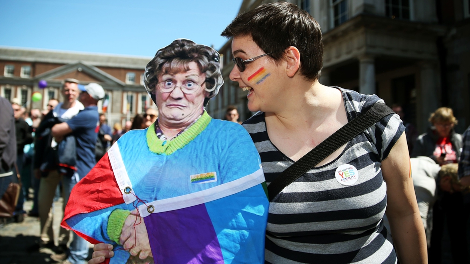 Bridget Hogg with a cardboard cutout of Mrs Brown at the Central Count Centre in Dublin Castle