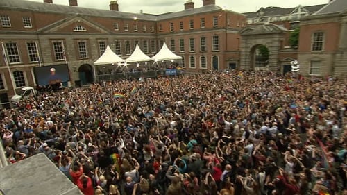 Thousands gather in Dublin Castle to hear the declaration of the same-sex marriage referendum