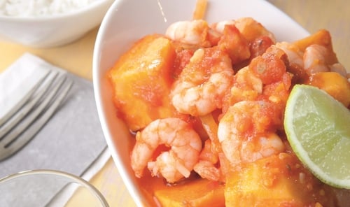 Ginger, tomato & sweet potato curry with prawns