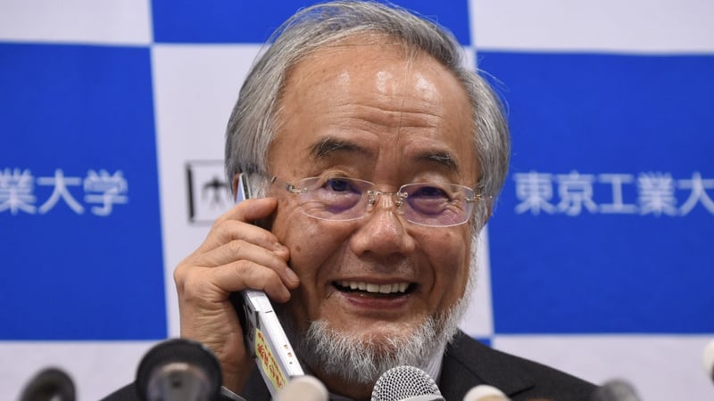 Yoshinori Ohsumi speaks to Japanese Prime Minister Shinzo Abe on a phone during a news conference in Tokyo today