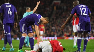 Ibrahimovic was injured in the final minute of normal time against Anderlecht Ibrahimovic was injured in the final minute of normal time against Anderlecht