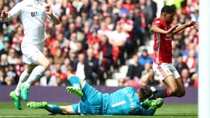 Manchester United's Marcus Rashford falls as Swansea keeper Lukasz Fabianski dives near his feet Manchester United's Marcus Rashford falls as Swansea keeper Lukasz Fabianski dives near his feet