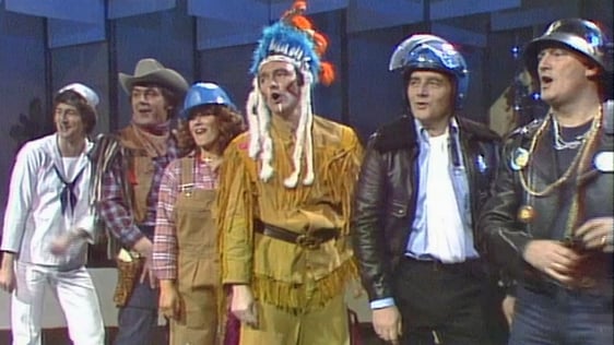 Dermot Morgan as a sailor, Sean Dunphy as a cowboy, Twink as a construction worker, Mike Murphy a native American Indian, Larry Gogan as a policeman and Liam Nolan as leatherman.