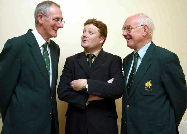 Paul Varian (centre), pictured with John Denis, the chairman of the IHA's Management Committee (left), and John Smyth, the President of the IHA (right)