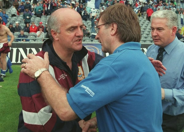 Gerald McCarthy (right) as Waterford boss and Galway's Cyrill Farrell in 1998 after a meeting between the counties