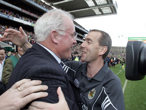 Kerry manager Pat O'Shea embraces County Chairman Sean Walsh after another Kingdom triumph at Croke Park