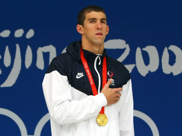 Michael Phelps on the podium in Beijing