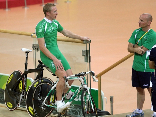 David O'Loughlin at a training session at the Laoshan Velodrome with coach Tommy Evans