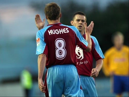 Adam Hughes and Shane Robinson celebrate Drogheda's first goal