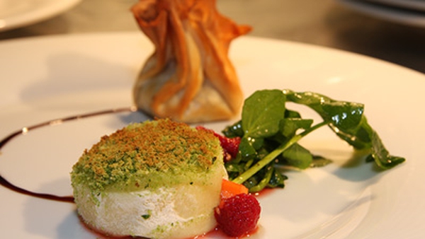 Herb Crust Goats Cheese with Fennel and Wild Mushroom Filo Parcel: Heat