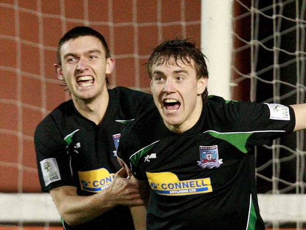 Vinny Faherty and Jay O'Shea celebrate the former's goal at Richmond Park