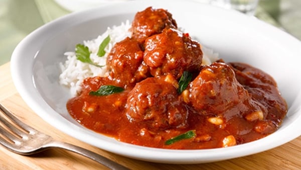 Pork meatballs with tomato, chorizo and white bean stew