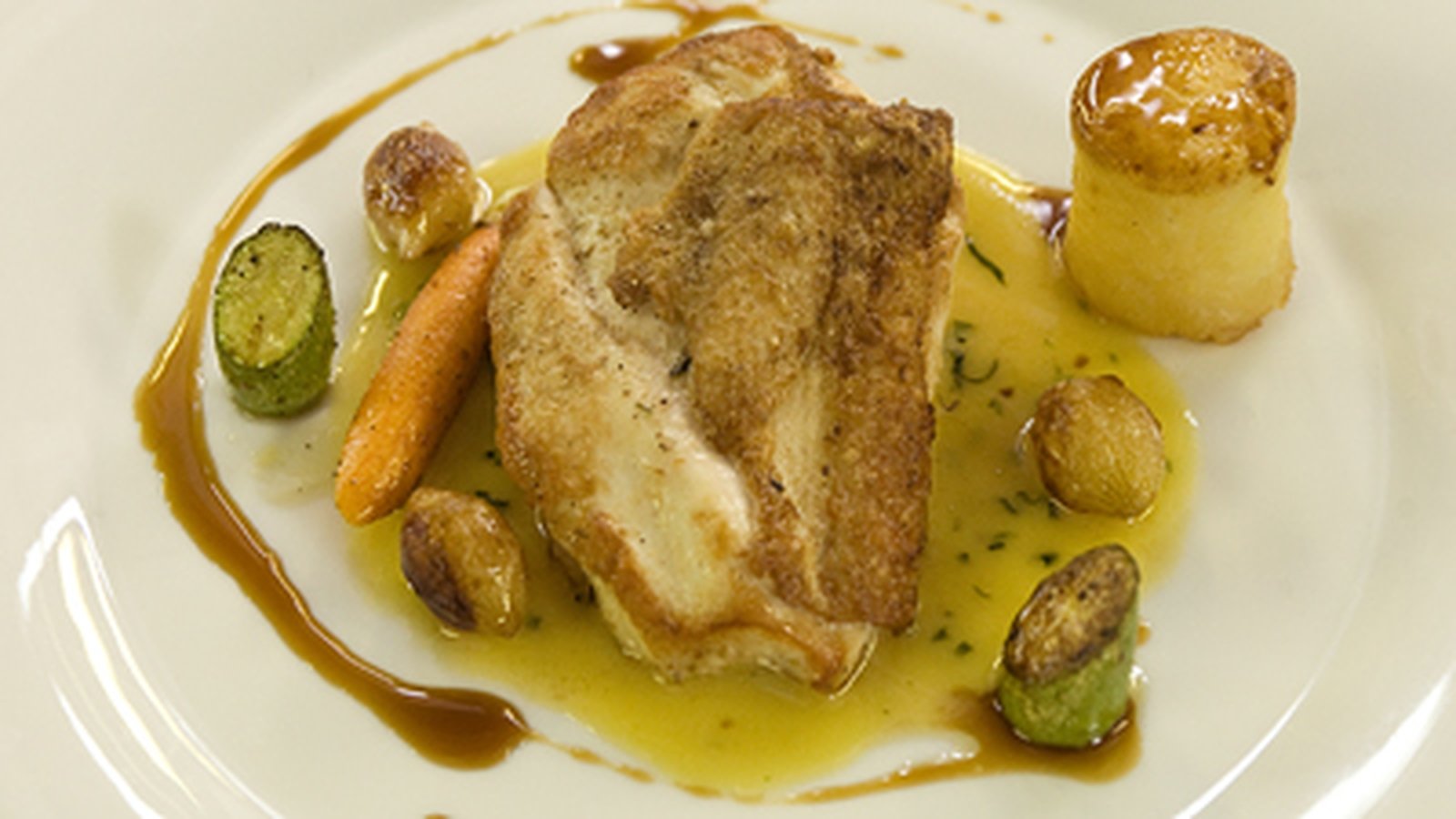 Free range chicken with fondant potato, glazed sha