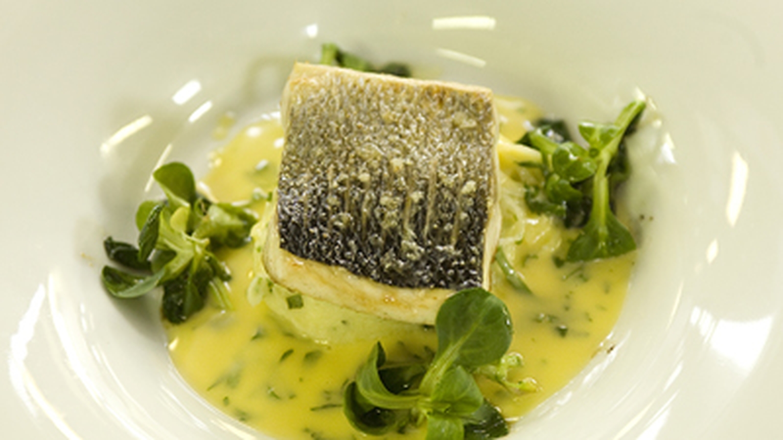 Wild Sea Bass with herb potato and fennel ribbons