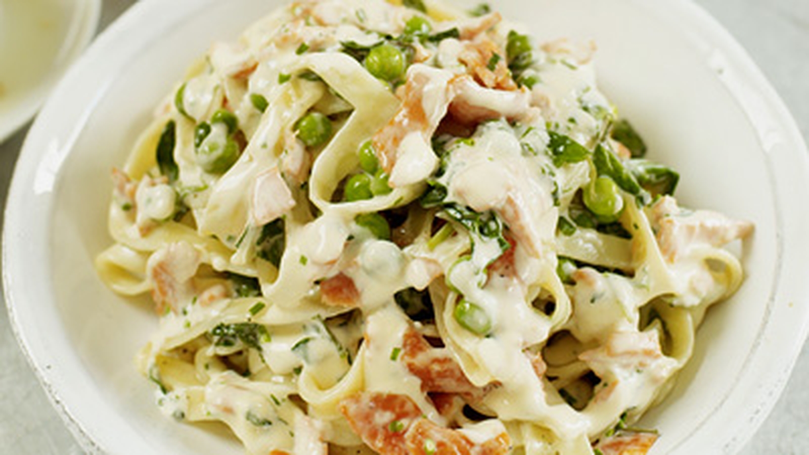 Tagliatelle with Smoked Salmon, Watercress and Pea