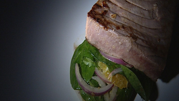 Catherine Fulvio's Tuna Steaks with Orange, Spinach and Pinenut Salad.